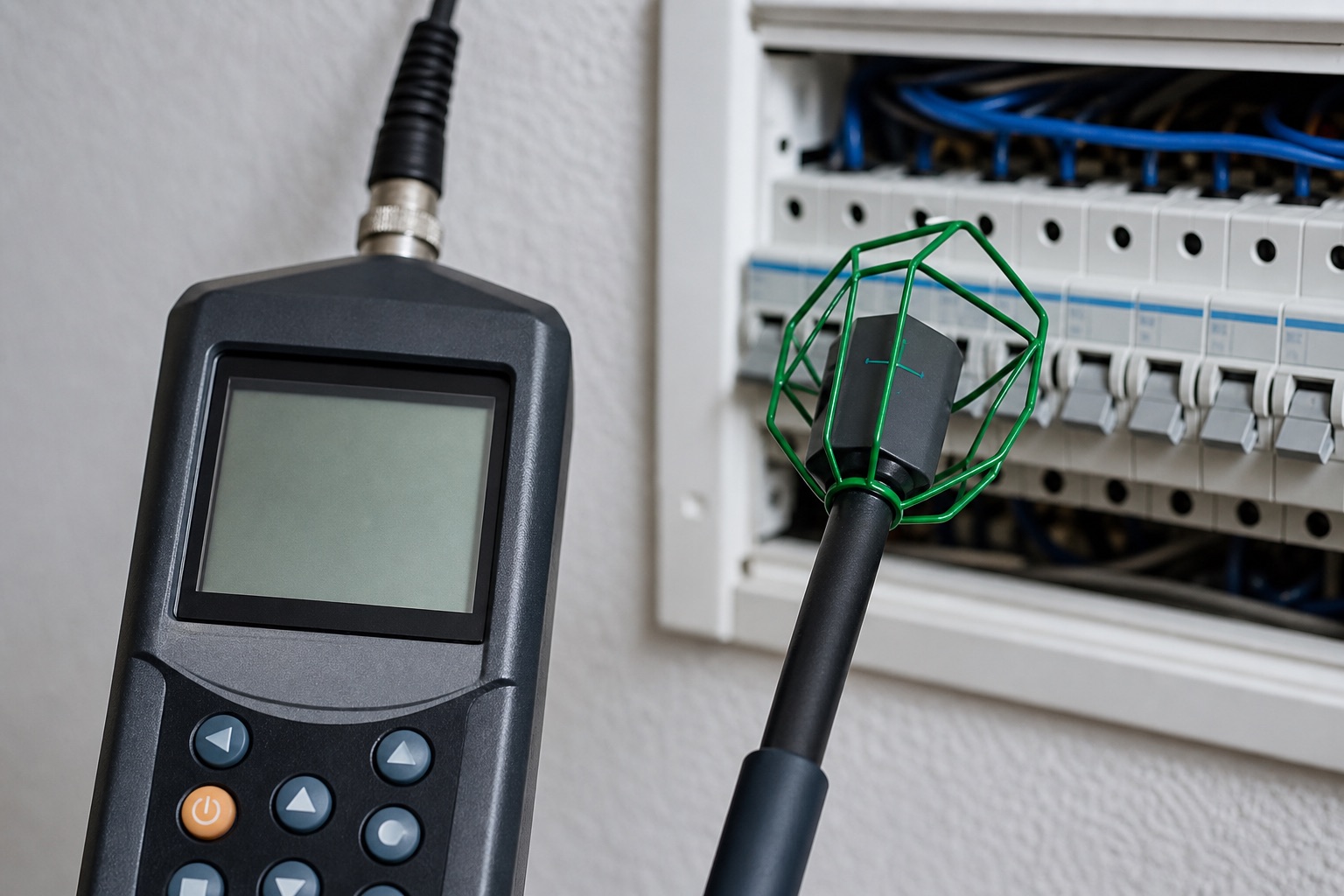 Niederfrequentes Feldmessgerät mit Handsonde nahe einer Elektroinstallation in einer modernen Wohnung