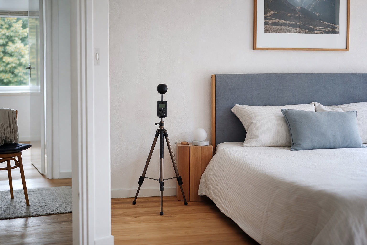 Ruhiges, minimalistisches Schlafzimmer im Morgenlicht mit Feldmessgerät auf dem Stativ neben dem Bettkopf